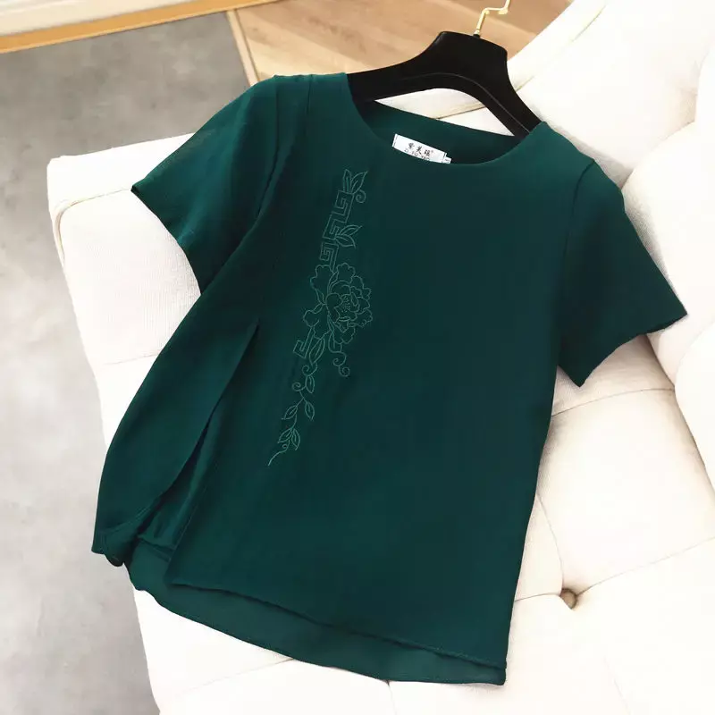 YUQI-blusa holgada de chifón para mujer, camisa de manga corta bordada, informal, con cuello redondo y abertura lateral, para verano