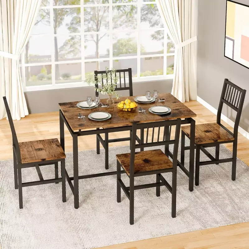 Juego de mesa de cocina para el hogar, muebles de 47,2 pulgadas para 4 espacios pequeños, mesa de comedor Industrial marrón rústico con 4 sillas curvadas