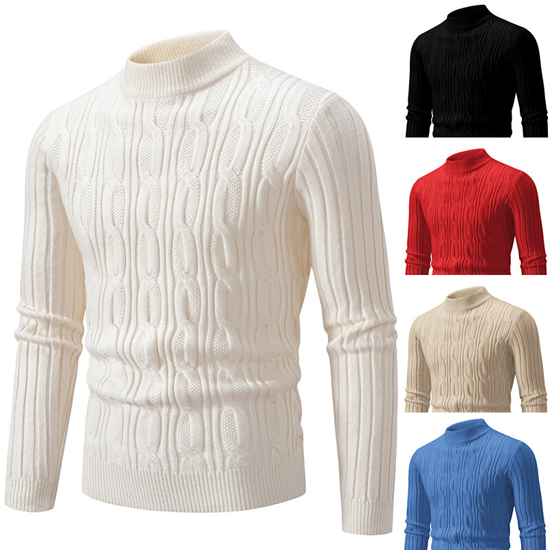Modny półgolf pulower z litego kolor żakardowy splotu męska casualowa długa sweter z rękawem ciepła dzianina