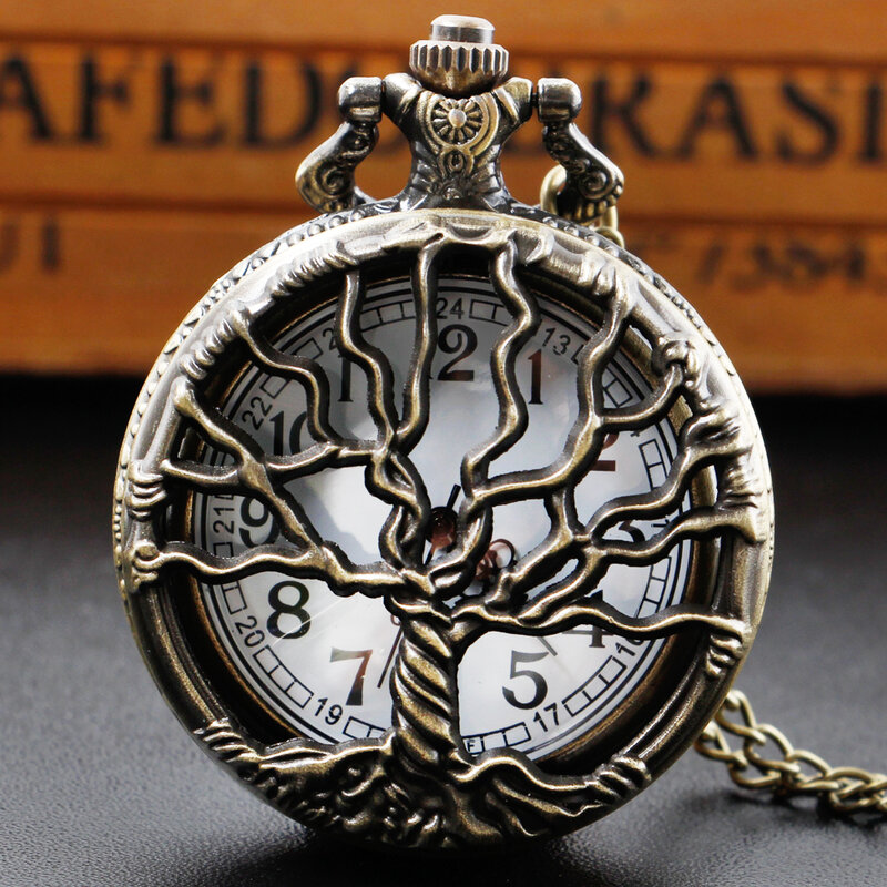 Reloj de bolsillo de cuarzo con diseño hueco para hombre, exquisito patrón de árbol Vintage, COLLAR COLGANTE, regalos con cadena Fob