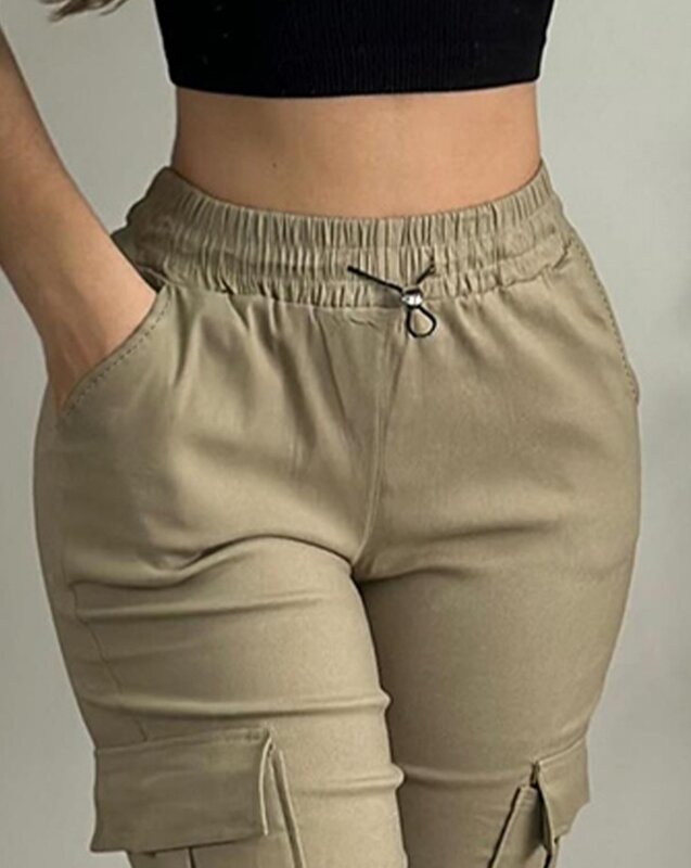 Pantalones Cargo informales para mujer, diseño de bolsillo, a la moda, con cordón, lisos, de cintura alta, ajustados, hasta la rodilla, para verano, 2024