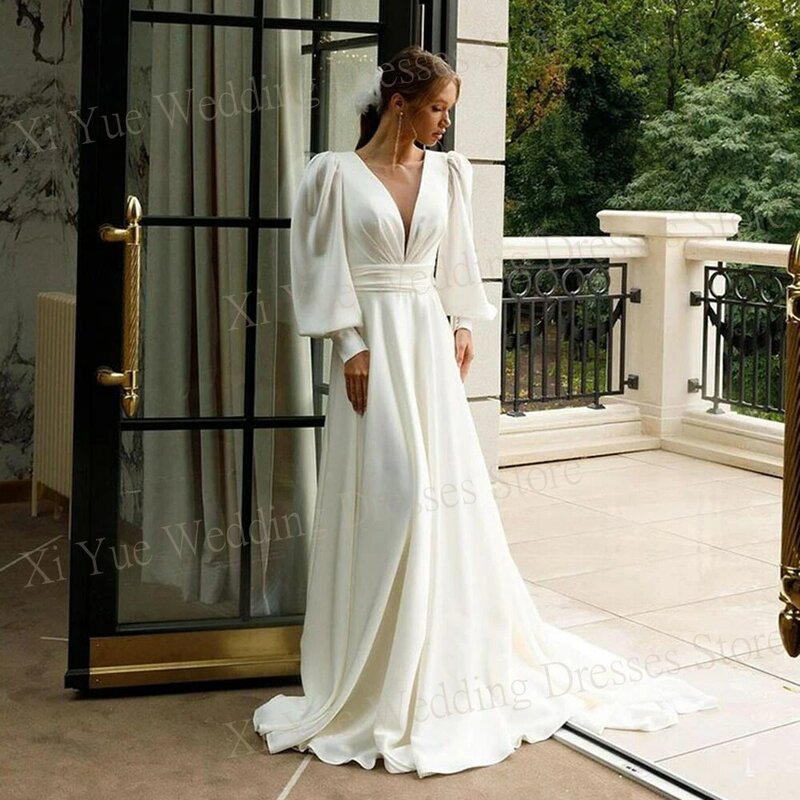 Simple Elegant V Neck Wedding Dresses New Long Puff Sleeves Backless Bride Gowns Satin A Line Floor Length Vestidos Novias Boda