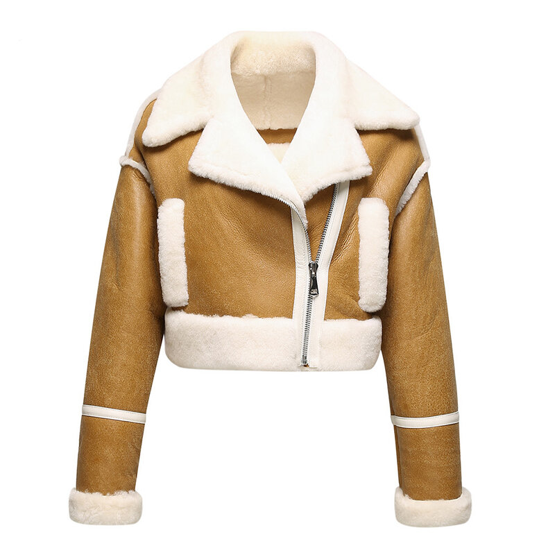 2023 neue Damenmode Leder Crop Jacken Double Face Shearing Mäntel echte Schaffell Wolle Mantel Winter warm kurzen Mantel