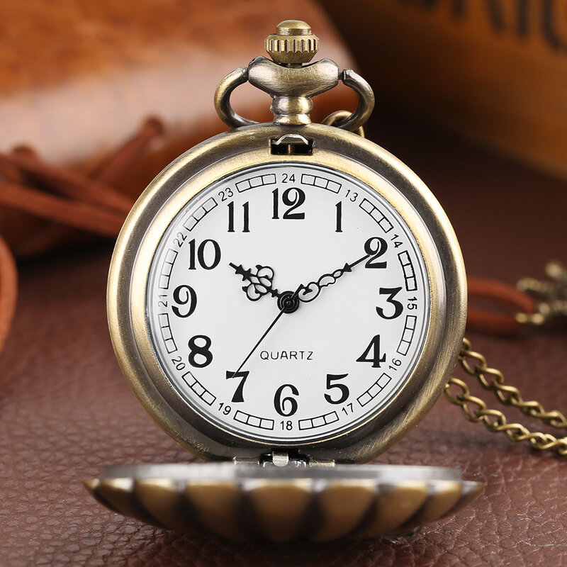 Charms w kształcie muszli naszyjnik z brązu zegarek kieszonkowy kwarcowy analogowe cyfry arabskie tarcza Vintage stylowy wisiorek zegar Unisex