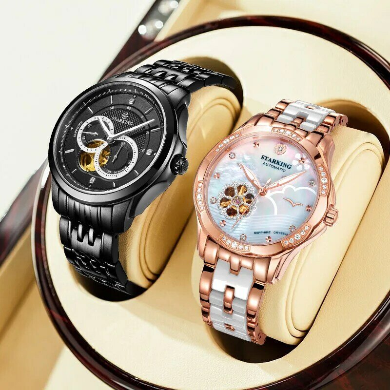 Jam tangan mekanik wanita, arloji hitam Hari Valentine bintang kaisar, sabuk baja otomatis bulat keramik, jam tangan pasangan