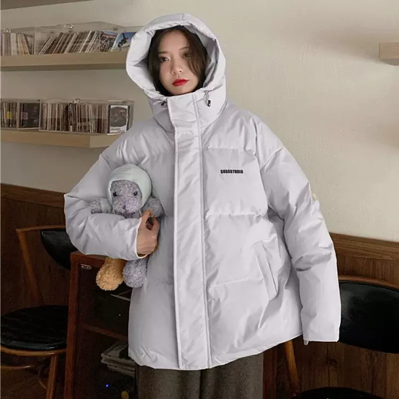 2023 한국 루즈한 단색 짧은 따뜻한 스트리트웨어 패션 버블 빵 코트, 두꺼운 재킷, 여성 코튼 패딩 오버코트, 겨울 신상