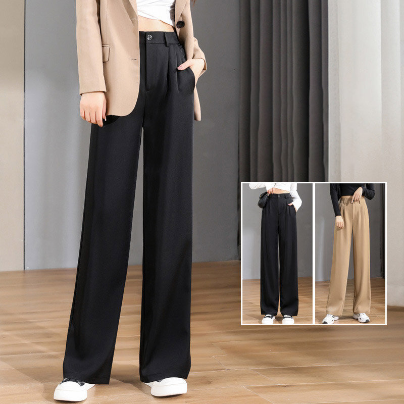 Брюки женские с завышенной талией, модные прямые широкие штаны в Корейском стиле, деловые дорожные свободные вертикальные напольные штаны, весна-осень