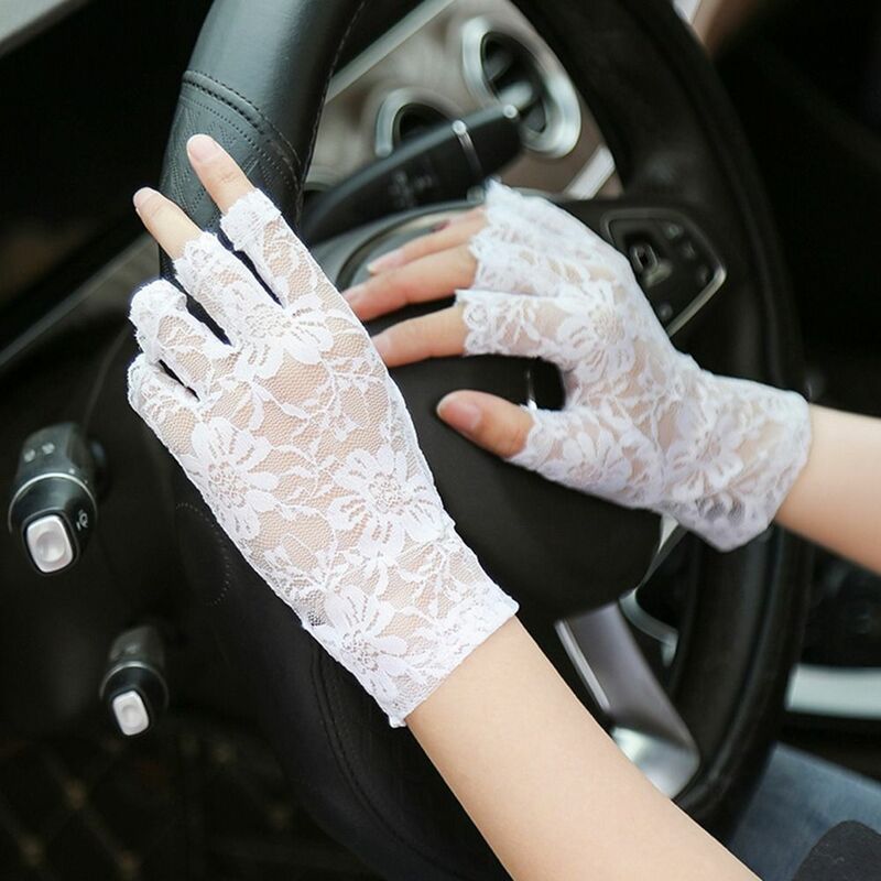 Sarung tangan berkendara renda wanita, sarung tangan renda panjang tanpa jari renda jaring setengah jari