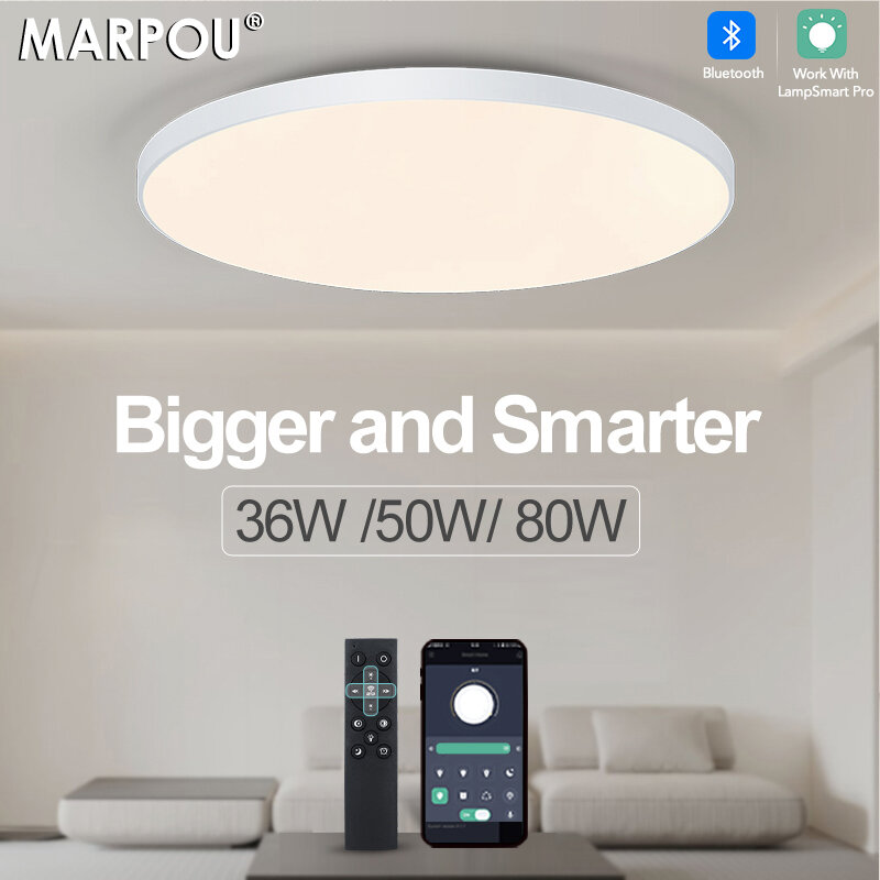MARPOU LED 스마트 모던 천장 램프, 거실 천장 램프, 36W 50W 80W, 앱 디밍 가능, 원격 제어 LED 조명, 실내용