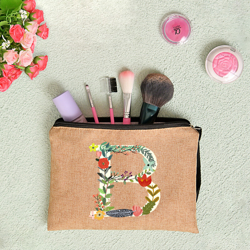Bolsa de cosméticos con 26 letras y flores para mujer, bolso de lino con cremallera para cosméticos, bolso de viaje portátil para maquillaje