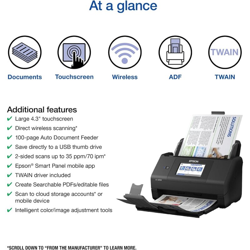 Workforce Wireless Color Duplex Desktop Document Scanner, Alimentador Automático para PC e Mac, 100 folhas, ES-580W