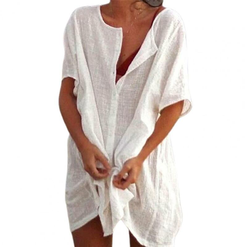2024 Women's Cotton Linen Beach Dress Solid Summer Casual Cover-ups Midi Dresses Soft Loose Tunics Female Shirt Dress Robe M-4XL