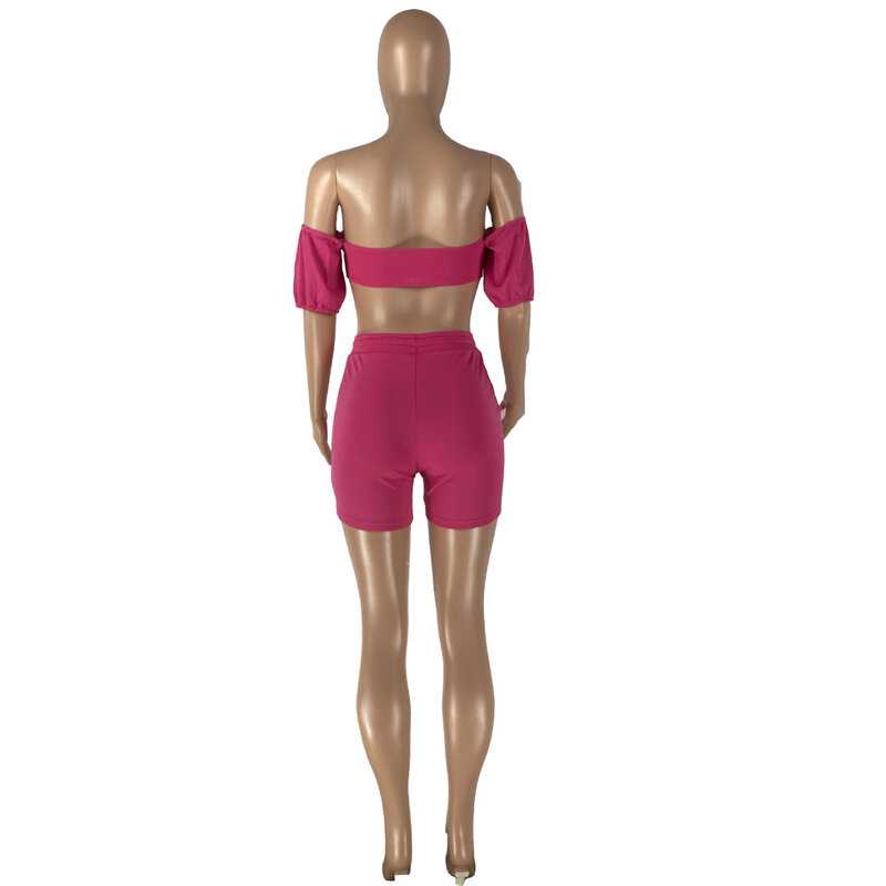 LW-Off the Shoulder Crop Top e Drawstring Shorts para mulheres, design de bandagem sem alças, roupa de manga curta, cor sólida, 2 peças