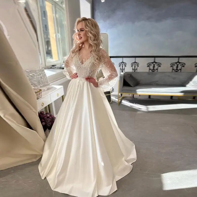 Robes de mariée A-ligne en satin pour femmes, robes élégantes avec appliques en dentelle, manches longues bouffantes, vêtements éducatifs de luxe, 2023