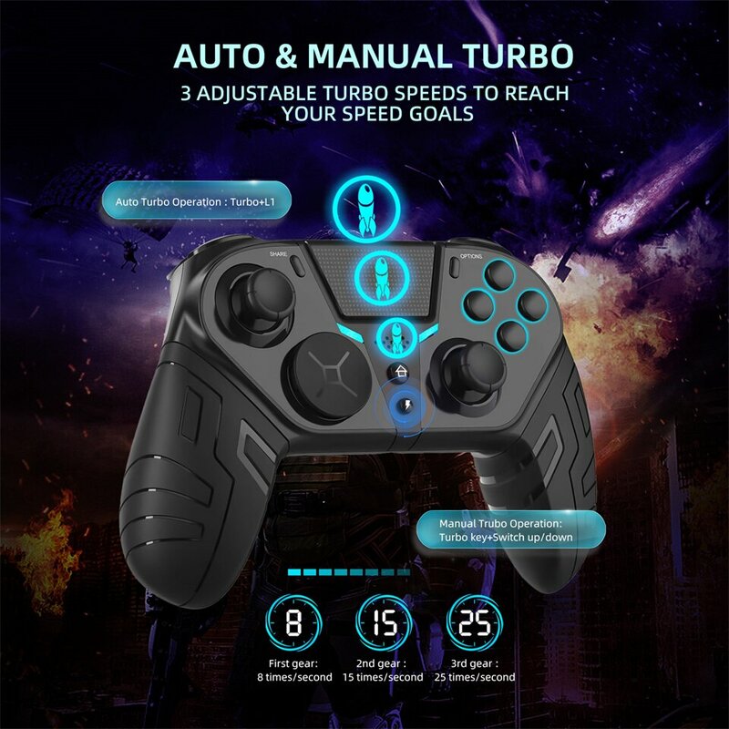 Untuk PS4 Pengontrol nirkabel Gamepad Bluetooth getaran ganda fungsi Turbo yang dapat diprogram untuk konsol PS4 Joystick PC IOS Android