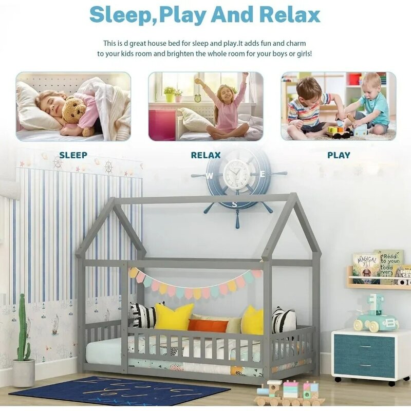 ห้องแฝด-เตียงพื้นเด็กที่มีรั้วและหลังคา, หญิง, เด็กชาย (แฝด, สีเทา), เตียงไม้แบบมอนเตสซอรี่