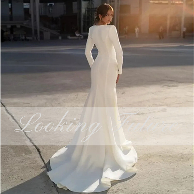 Простое Белое пляжное свадебное платье, атласное свадебное платье с длинным рукавом и шлейфом, соблазнительные Свадебные платья с глубоким V-образным вырезом и бусинами в стиле бохо на молнии
