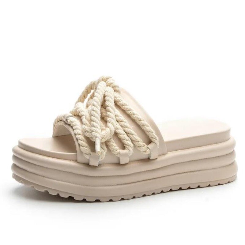 6CM Weave Genuine Leather Slippers Ladies Summer Peep Toe High Brand Sandal Bling Shoes Platform Wedge Breathable Women Fashion
