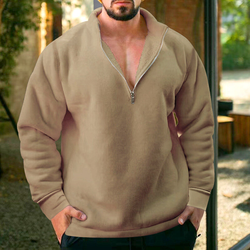 Men Padded Zipper Sweatshirt Sweater Half Turtleneck Fleece Solid Color Lapel Pullovers Tops Winter Casual Thermal Basic Coats