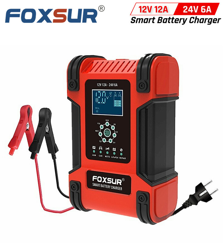 FOXSUR pengisi daya baterai pintar otomotif, 12V 12a 24V mobil sepeda motor truk perahu LiFePO4 AGM GEL Lithium timbal asam Desulfator cepat