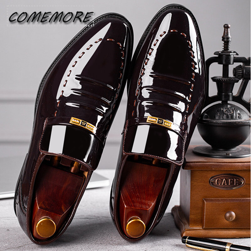 Sapatos masculinos de couro envernizado clássico, trabalho formal de escritório, festa Oxfords, calçado de negócios, PU