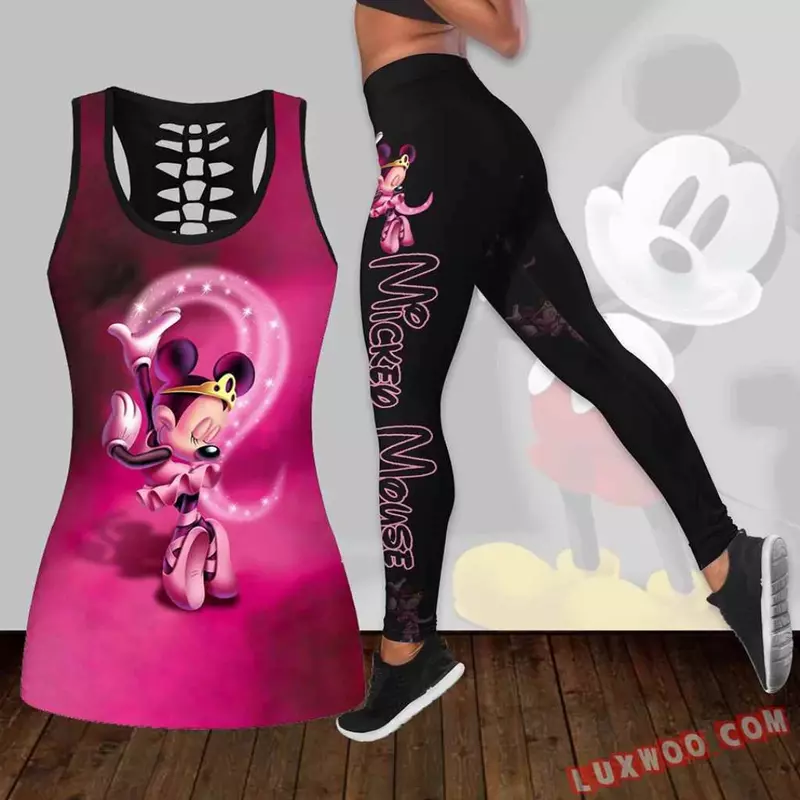 2024 nowa damska myszka Minnie z wydrążonymi koszulkami zestaw do jogi letnie legginsy Fitness dres Disney Tank Top komplet legginsów