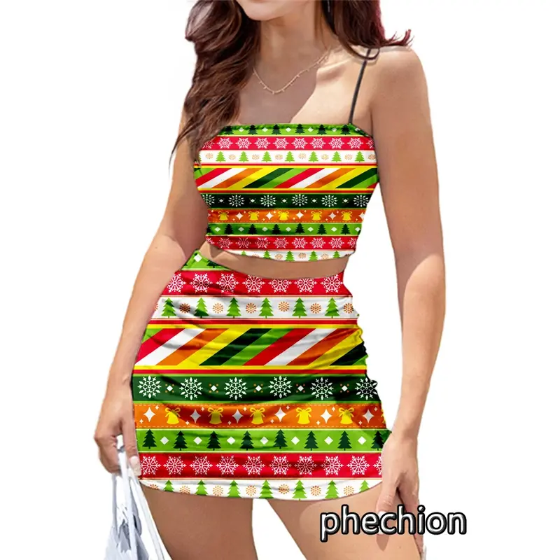 Phechion-새로운 패션 3D 인쇄 크리스마스 패턴 여성 클럽 의상, 섹시한 슬링 튜브 탑과 짧은 드레스, 2 피스/세트, K41