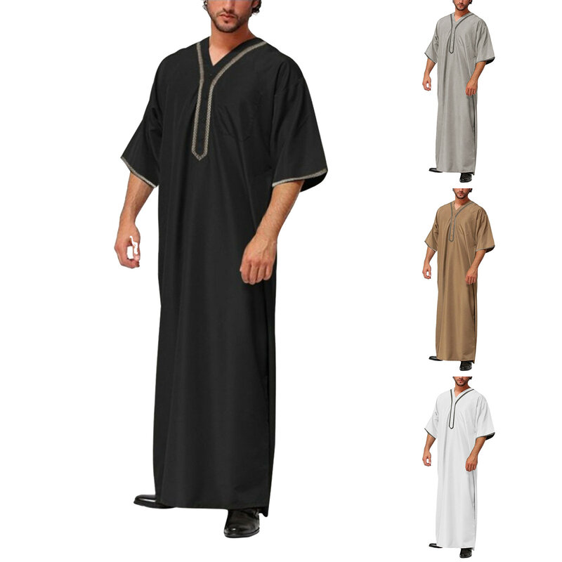 Muslim Men Clothing Thobe Solid Color Button Middle Robe Saudi Musulman Shirt Stand Collar Islamic Arabic Kaftan Men Abaya Thobe