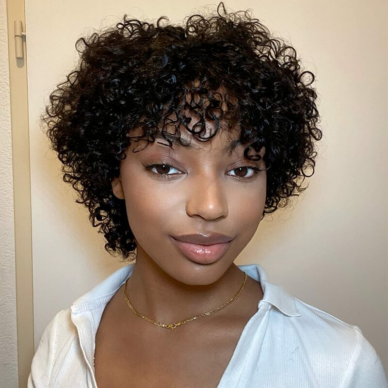 8 Inch Short Pixie Curly Bob Wig with Bangs Brazilian Human Hair Bouncy Curl Wig for Women Ready to Go Wig