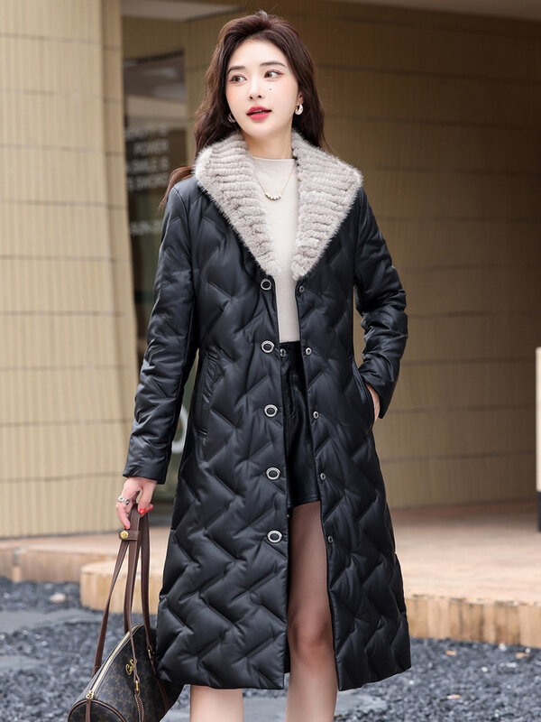 Mantel Kulit Panjang Wanita Baru Musim dingin Mode Hangat Kerah Bulu Cerpelai Kerah Kulit Domba Panjang Jaket Kulit Domba Mantel Tebal Kasual Membagi Kulit