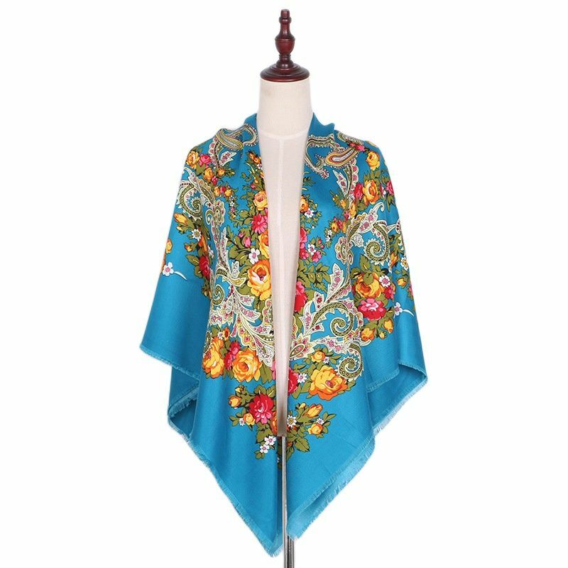 Retro rosyjski luksusowy bliźniak bawełniany szalik duży rozmiar kwadratowe szale z nadrukiem kwiatowy chustka w stylu etnicznym frędzle hidżabs Bandana welon