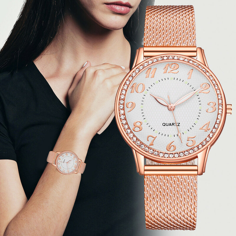 Relógio quartzo de luxo feminino, mostrador de aço inoxidável, pulseira casual, relógio de pulso feminino, 2023