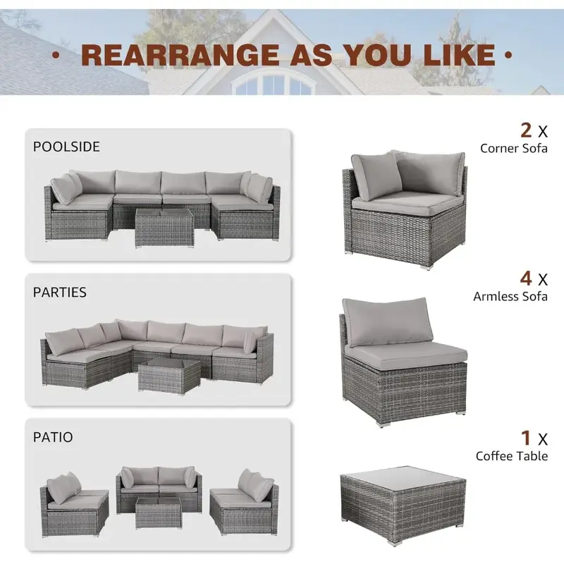 7 Pieces Patio Furniture Set, Modular Patio Set Wicker Outdoor Sectional Sofa Set PE Rattan Wicker Patio Conversation Set
