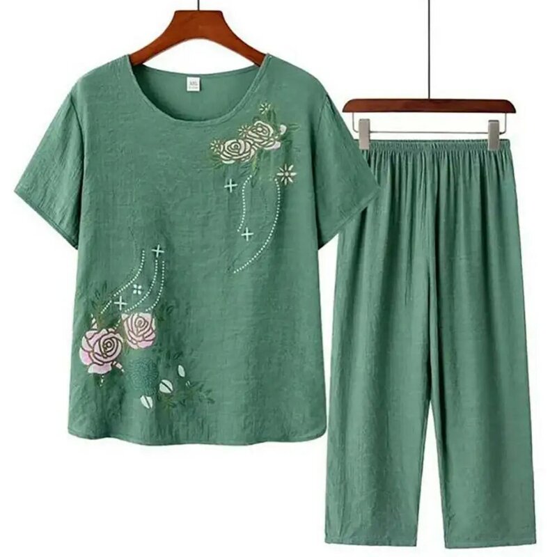 Camiseta de manga corta para mujer de mediana edad y ancianos, traje de madre holgado de lino y algodón de talla grande, traje de dos piezas