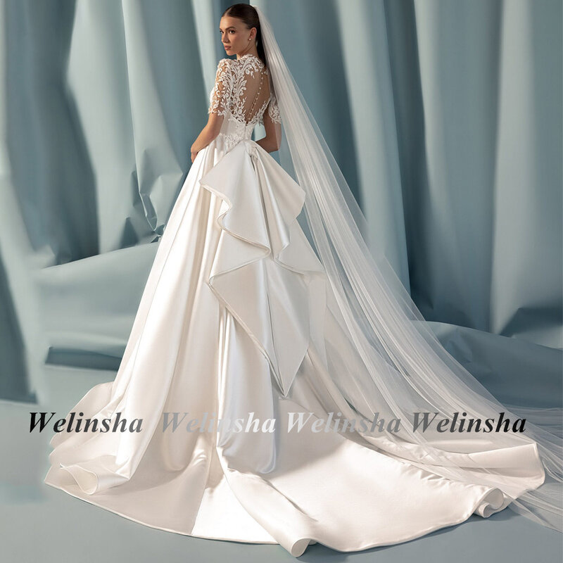 Sparkling Lace Satin Wedding Dress Short Sleeves Round Neck Sequined Applique A Line Bridal Gown Back Big Bow Bride Dresses