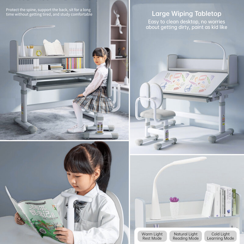어린이 책상 및 의자 세트, 높이 조절 가능, 인체공학적 어린이 학교 필기 공부 테이블 틸트 데스크탑 서랍 워크스테이션