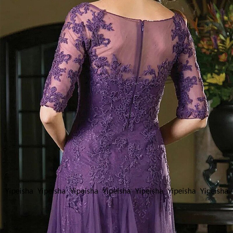 Yipeisha-レースの花嫁の母親のための紫色のドレス,袖付きのエレガントなドレス,床の長さ,サマードレス,2022
