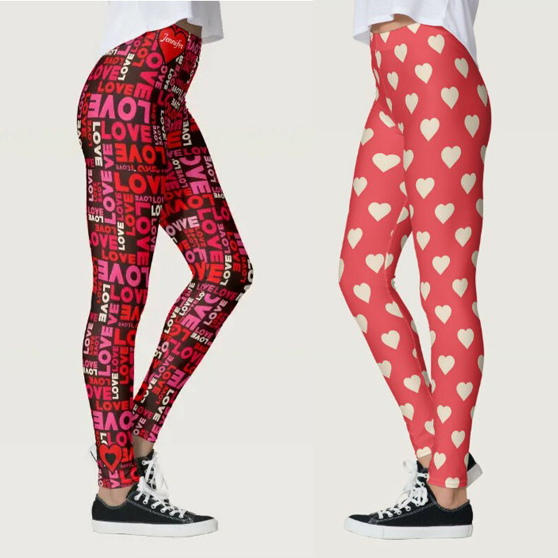 Celana wanita Valentine, celana Yoga pinggang tinggi kebugaran kasual, celana wanita 2024, kostum pakaian Gym dekorasi pola cetak cinta modis