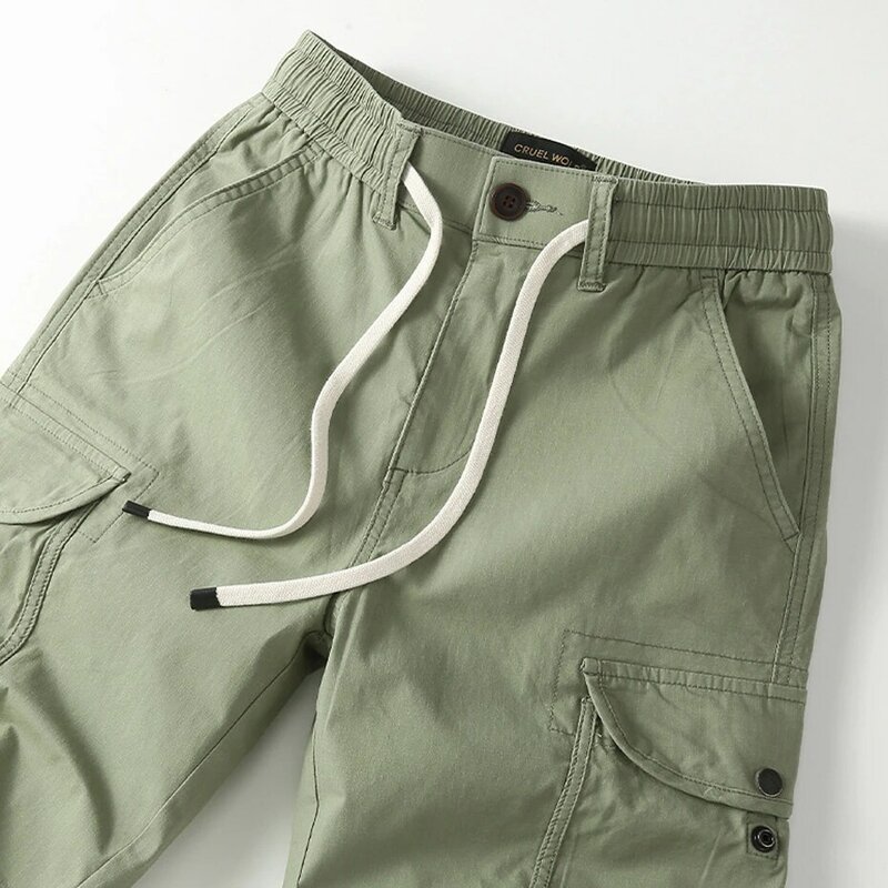 Celana pendek kargo pria, celana pendek musim panas, kasual, warna Solid, celana pendek pinggang elastis, musim panas, celana pendek green