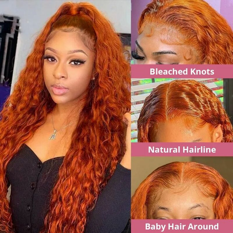 34 36Inch Deep Wave Ginger Orange Colored Lace Front Wig Brazilian Curly Wave Human Hair 180% 13x4 Lace Frontal Wigs For Women