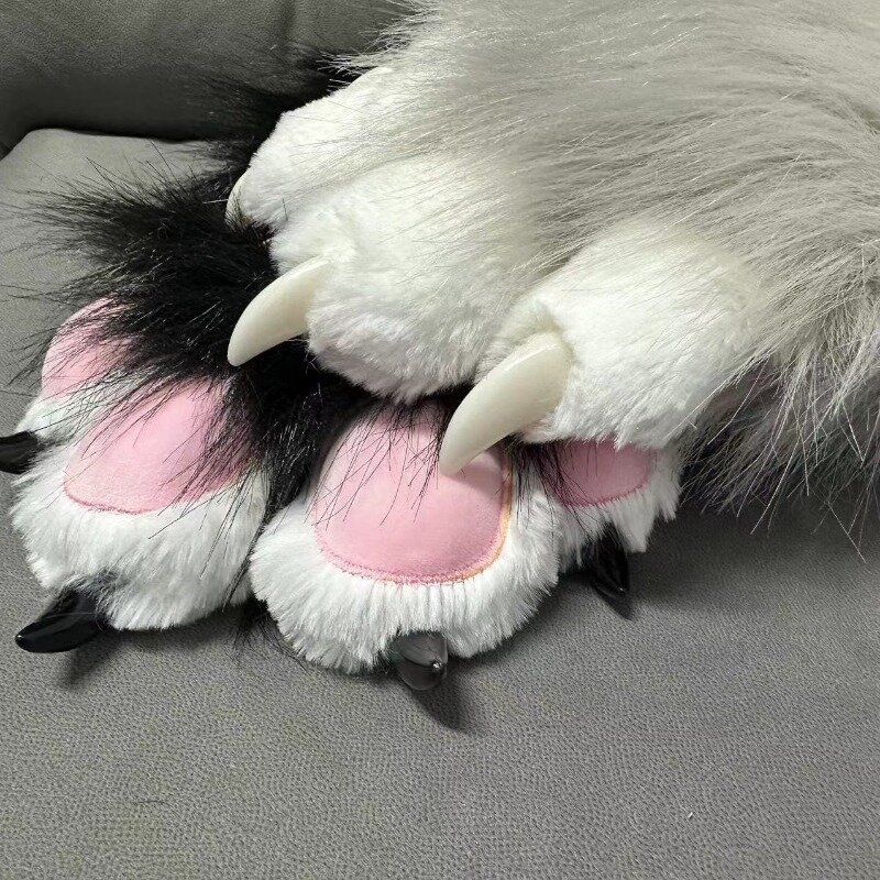Fursuit Kigurumi-patas de gato peludas de dibujos animados, disfraz de Kig, uñas, garras de Tigre, mitones de dedo completo, cuento, cuenta 2 piezas