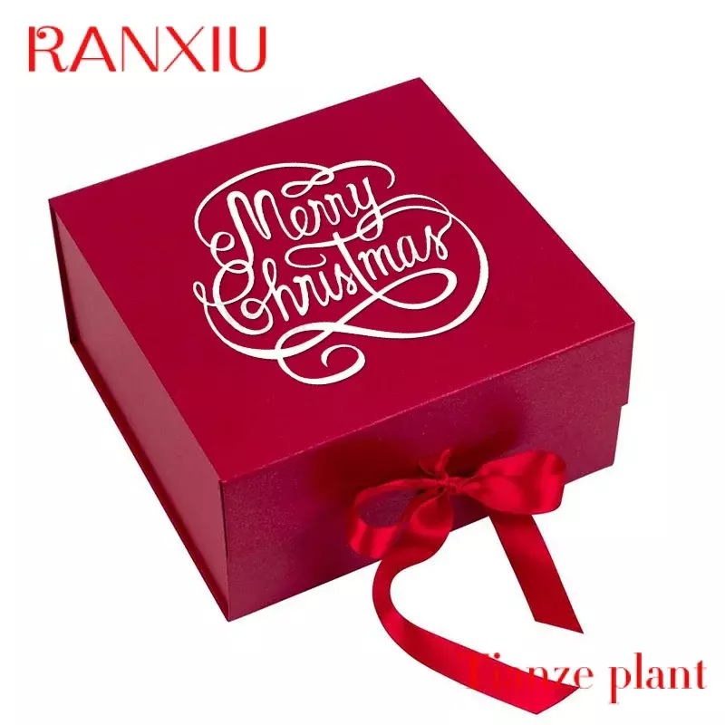 Boîtes en papier pliantes rouges avec nœud en ruban, impression personnalisée, boîte à couvercle magnétique, fermeture de luxe rigide, emballage cadeau