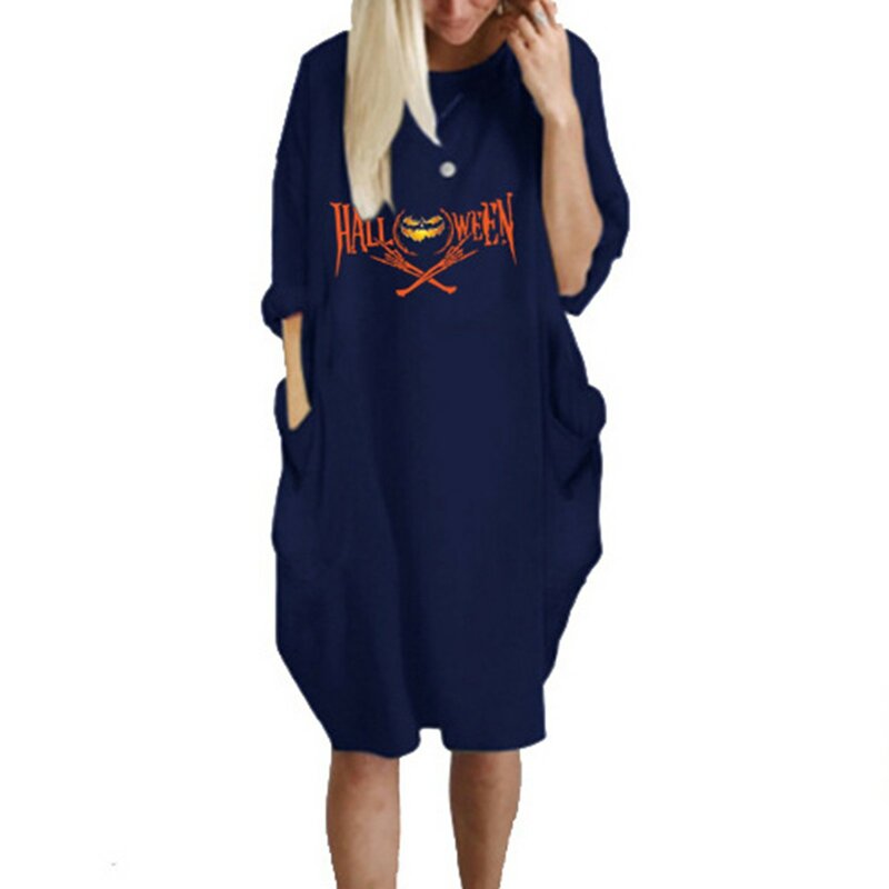 여성용 캐주얼 루즈핏 긴 소매 할로윈 단색 프린트 표현 셔츠, 여름 드레스, 맥시 드레스