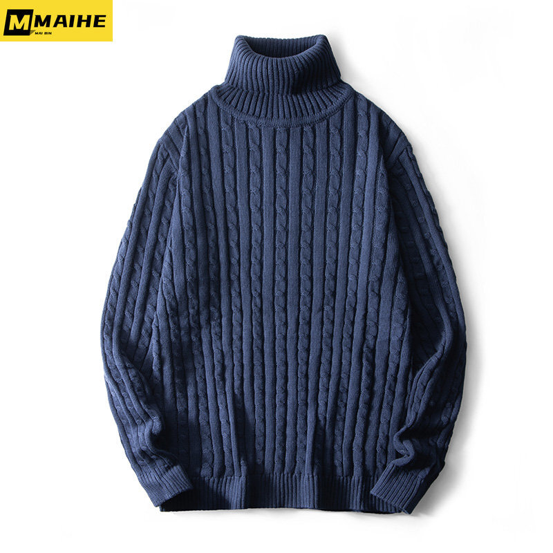 Suéteres de calidad para hombre, Jersey de punto cálido a rayas clásicas, suéter de cuello enrollado, elegante, ajustado, Otoño e Invierno