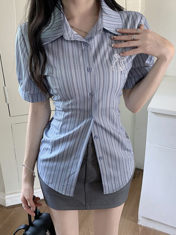 Jmprs-Camisa feminina vintage listrada fina, blusa coreana de manga curta casual, bordado, tops retrô de alta qualidade doce, verão