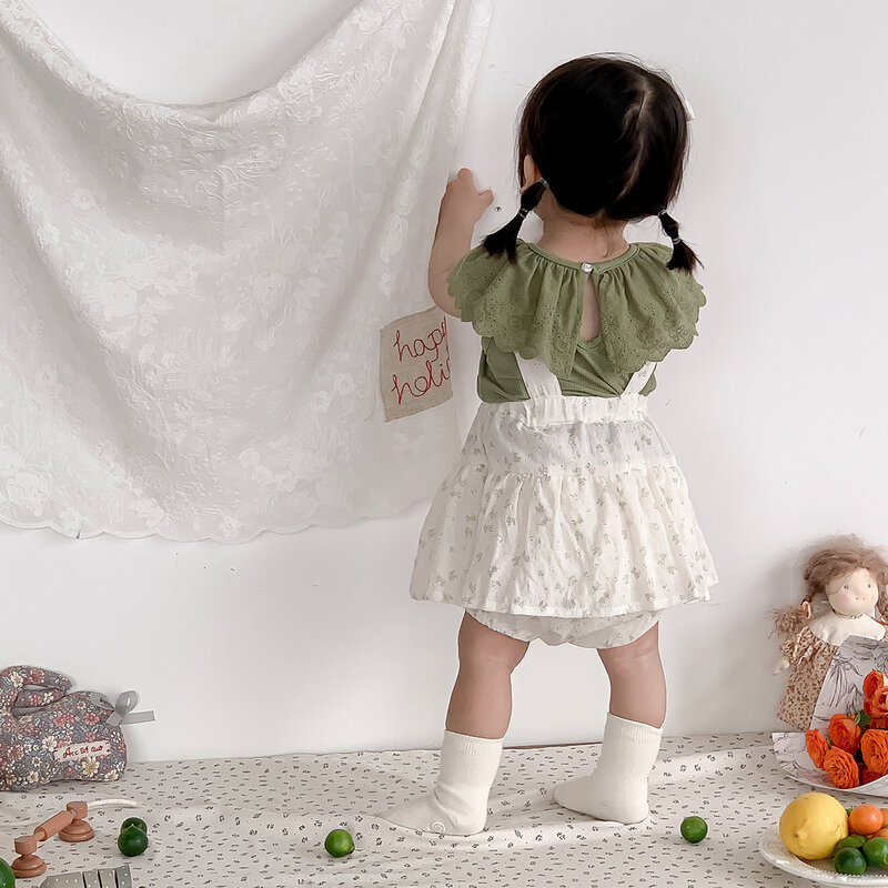 여아용 민소매 옷깃 단색 상의, 신축성 있는 꽃무늬 프린트 롬퍼 세트, 신생아 여아 의상, 2 개 세트, 여름 신상