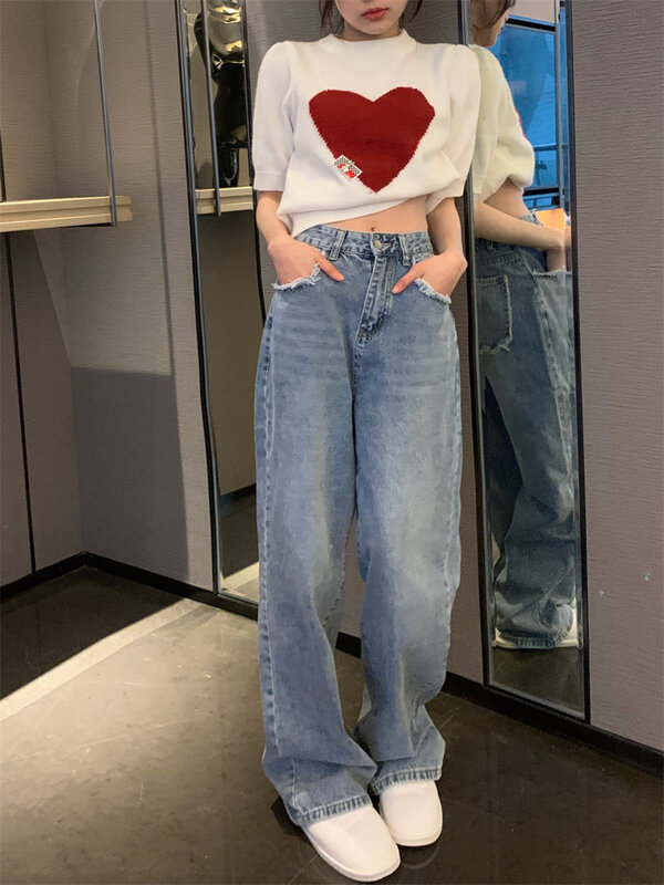 Jeans Kaki Lebar Sobek Rumbai Biru untuk Wanita Y2k Fashion 2022 Denim Celana Biru Streetwear Jeans Vintage Lurus Pinggang Tinggi