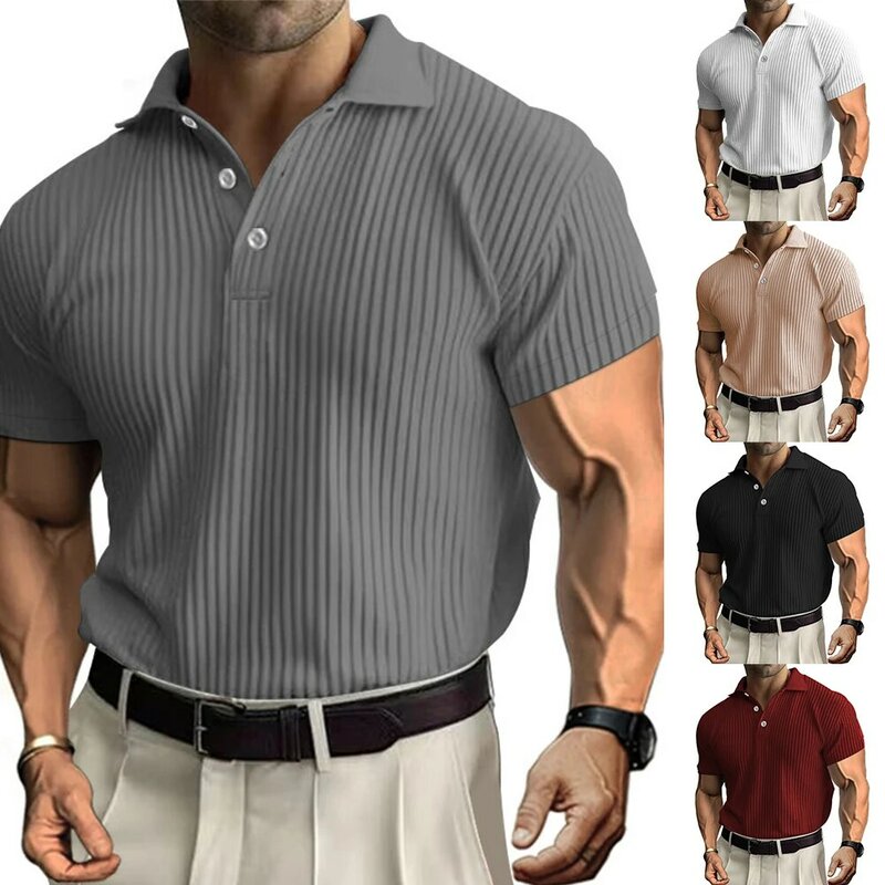 Camisa formal casual confortável masculina, blusa de negócios, gola de botões, músculo, manga curta, vestido de cor sólida