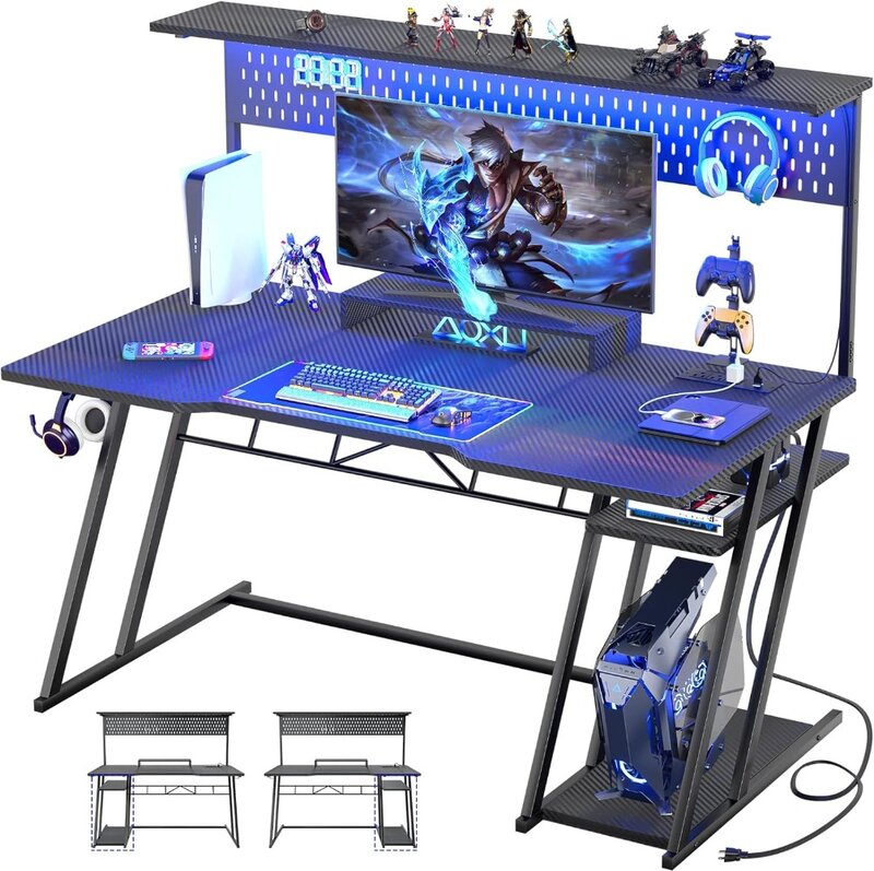 55'' Black Gaming Desk with Hutch and LED Lights, Gaming Computer Desk with Storage Shelves & Z-Shaped Legs, Reversible PC