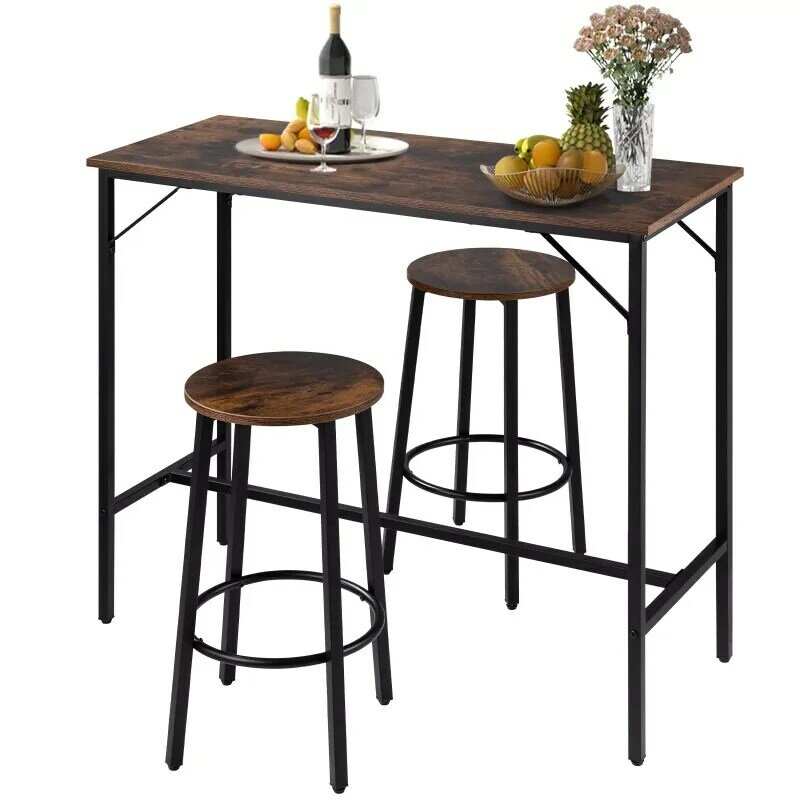 Bar Table Set, 39" Bar Table and Chairs Set, Pub Table Set w/ 2 Stools, Iron Frame Counter Height Dining Sets